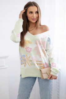 Pulóver s kvetmi - zelený