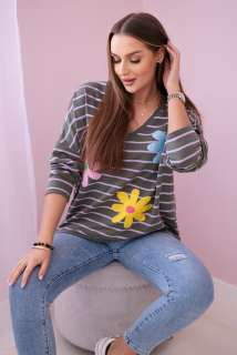 Tričko pruh - khaki+fialová